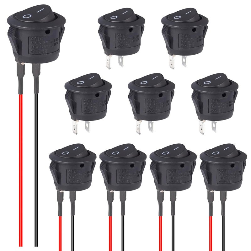VEXUNGA Round Rocker Switch 12V ON Off Switches Small Mini 12Volt Toggle Switch 2Pin AC 6A 250V 10A 125V 12VDC KCD1 Black for Car Automotive Boat (5Pcs with Leads 5Pcs Without Wires) - Image 1
